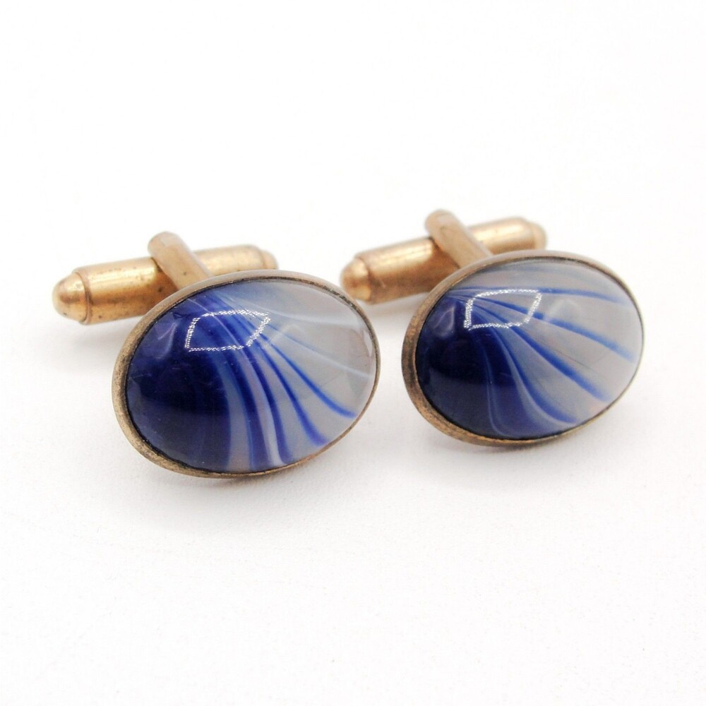 Vintage Gold Tone Blue White Swirl Glass Oval Cufflinks Retro MCM Classic